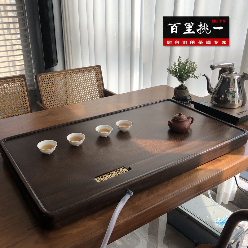 整块非洲黑檀木茶盘平板家用茶具茶海黑紫檀功夫茶盘左边出水口