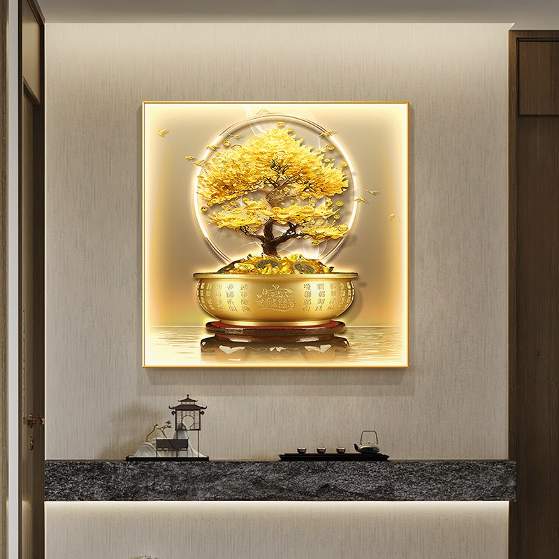 新中式招财树正方形玄关装饰画聚宝盆餐厅挂画轻奢带灯发光壁画