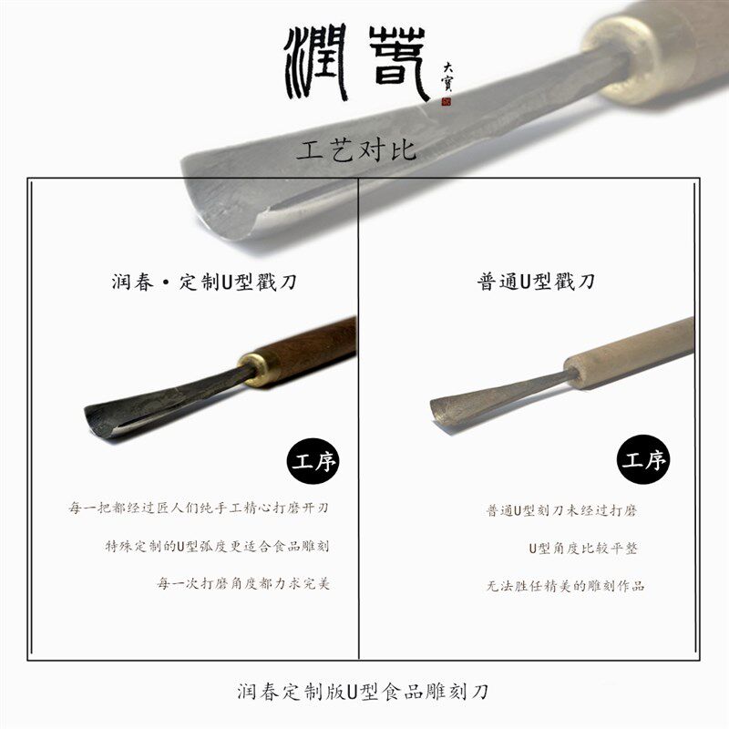 润春手工制作厨师木柄食品雕刻工具5件套装U型V型戳刀