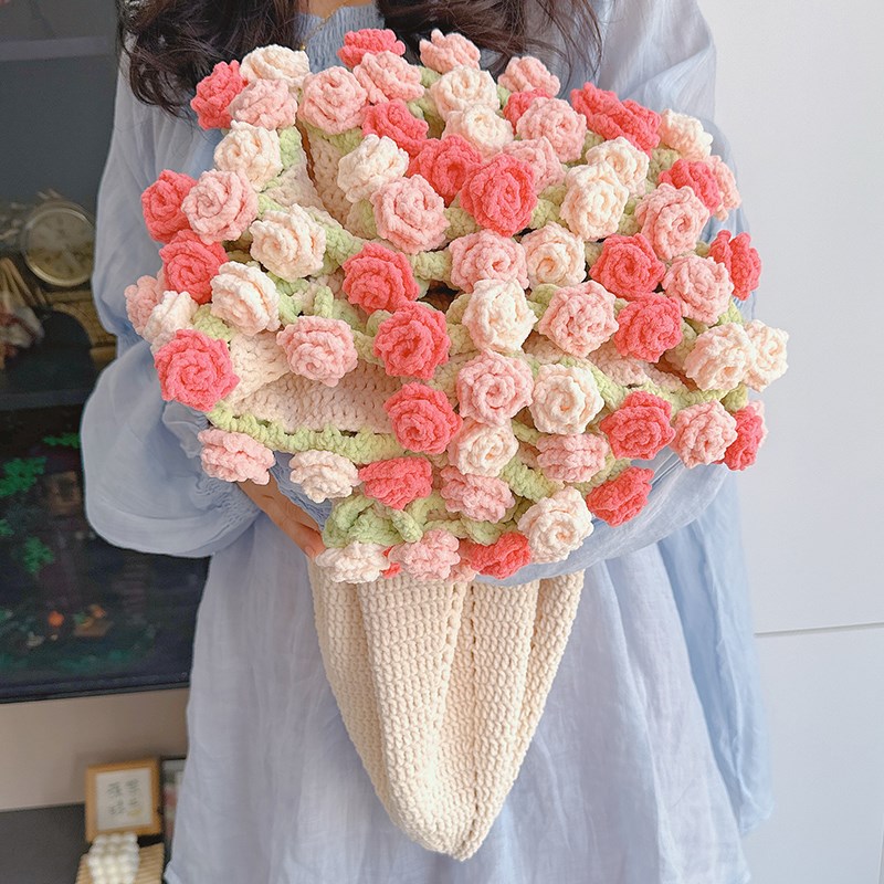 手工编织尖角玫瑰花毯子花束勾针diy材料包毛线钩织花朵毛毯礼物