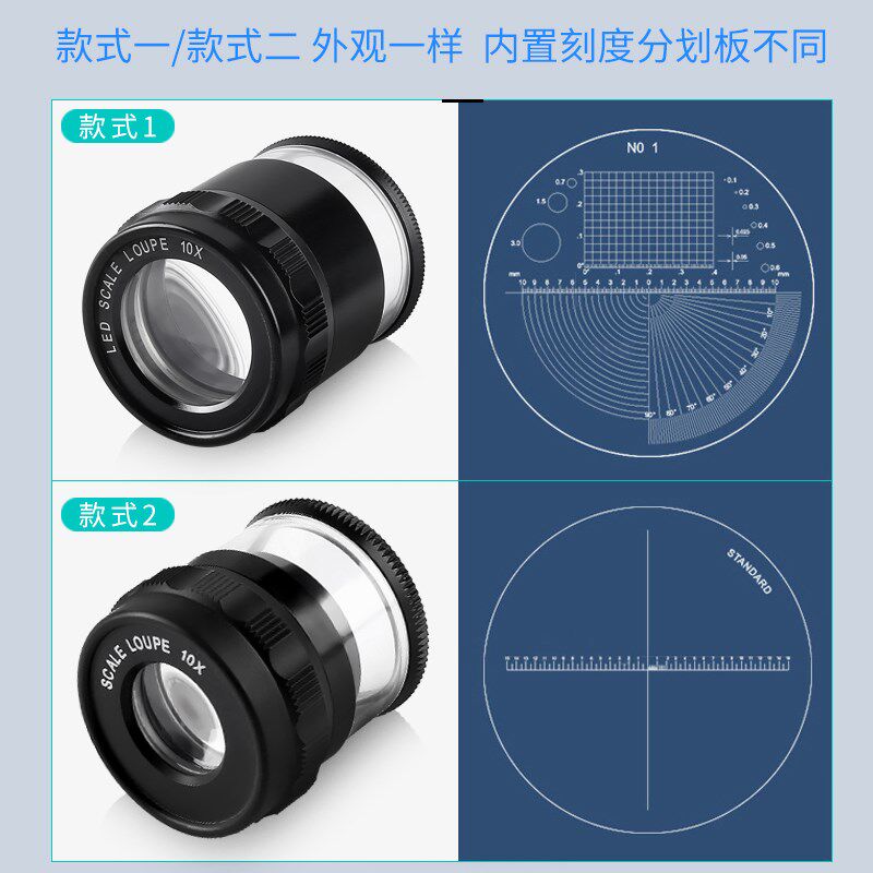 高清玻璃镜10倍圆筒测量刻度尺鉴定纺织品面料放大镜带灯网点印刷