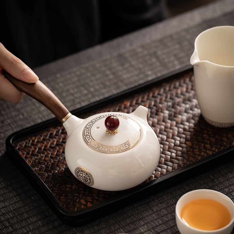 德化白瓷侧把茶壶羊脂玉瓷手工单壶带过滤功夫茶具陶瓷家用泡茶壶