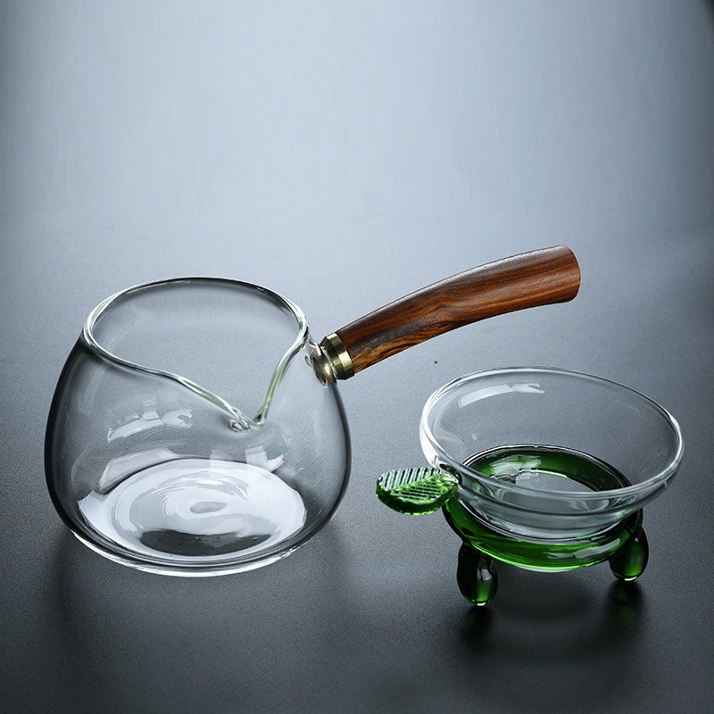 侧把木把公道杯自带茶漏玻璃高档大号茶海茶具分茶器茶漏茶滤过滤