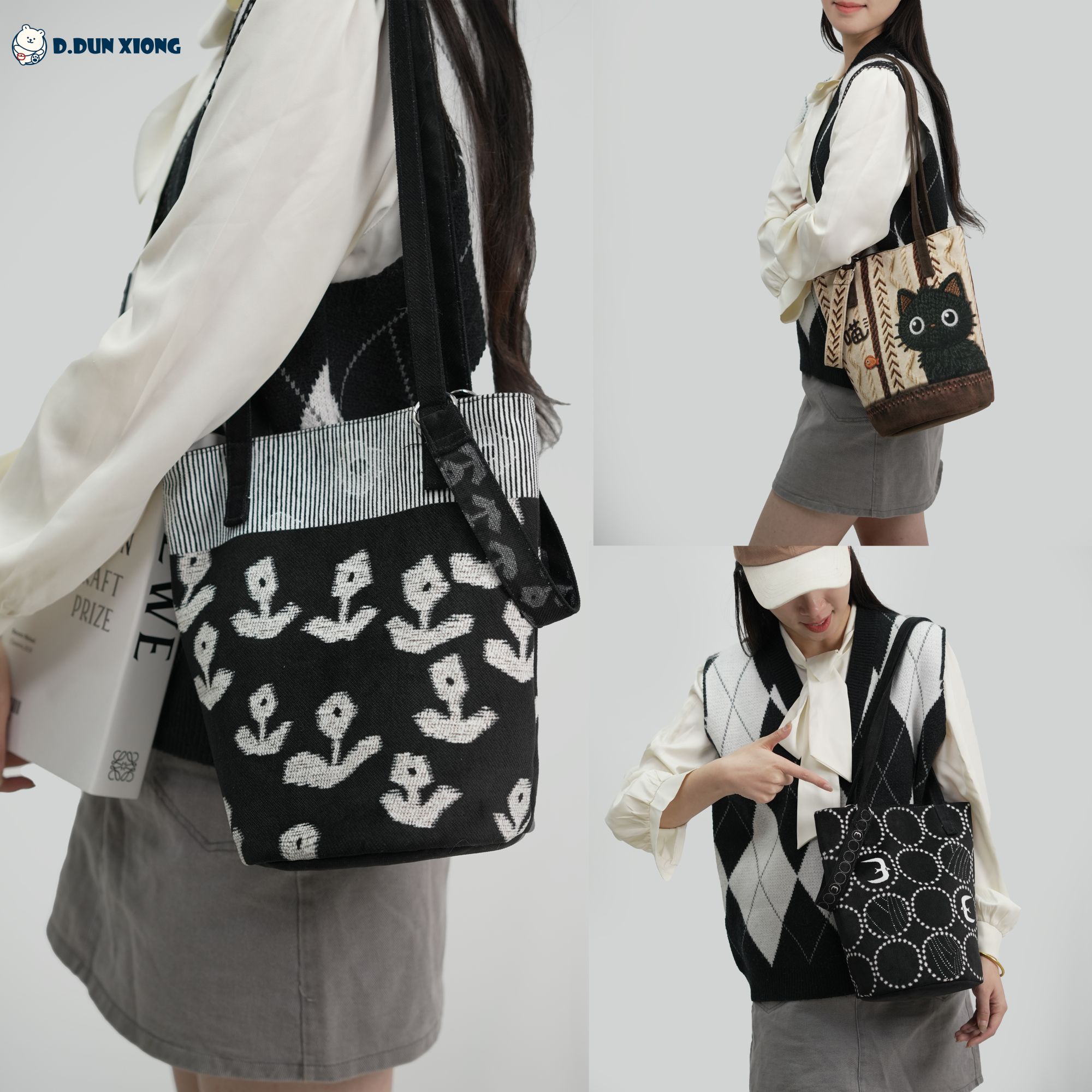 盾盾熊原创水桶包时尚百搭休闲卡通潮流磁扣女斜挎手拎单肩包