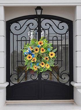 花惹草乌克兰国旗向日葵前门花环新款蝴蝶结印花波黄色和蓝色花圈