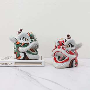 新中式国潮树脂舞狮头摆件玄关设样板房间客厅茶几电视柜软装饰品