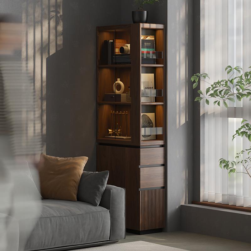 实木书柜家用角落置物柜夹缝收纳柜黑胡桃木书架落地转角储物窄柜