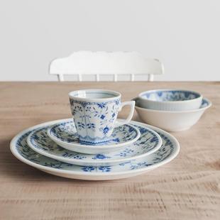 日本制美浓烧青花唐草陶瓷甜点蛋糕早餐意面盘沙拉麦片碗咖啡杯
