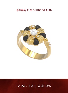 Mouhooland/暮后之地杏花系列黑玛瑙杏花编织戒指小众设计金色