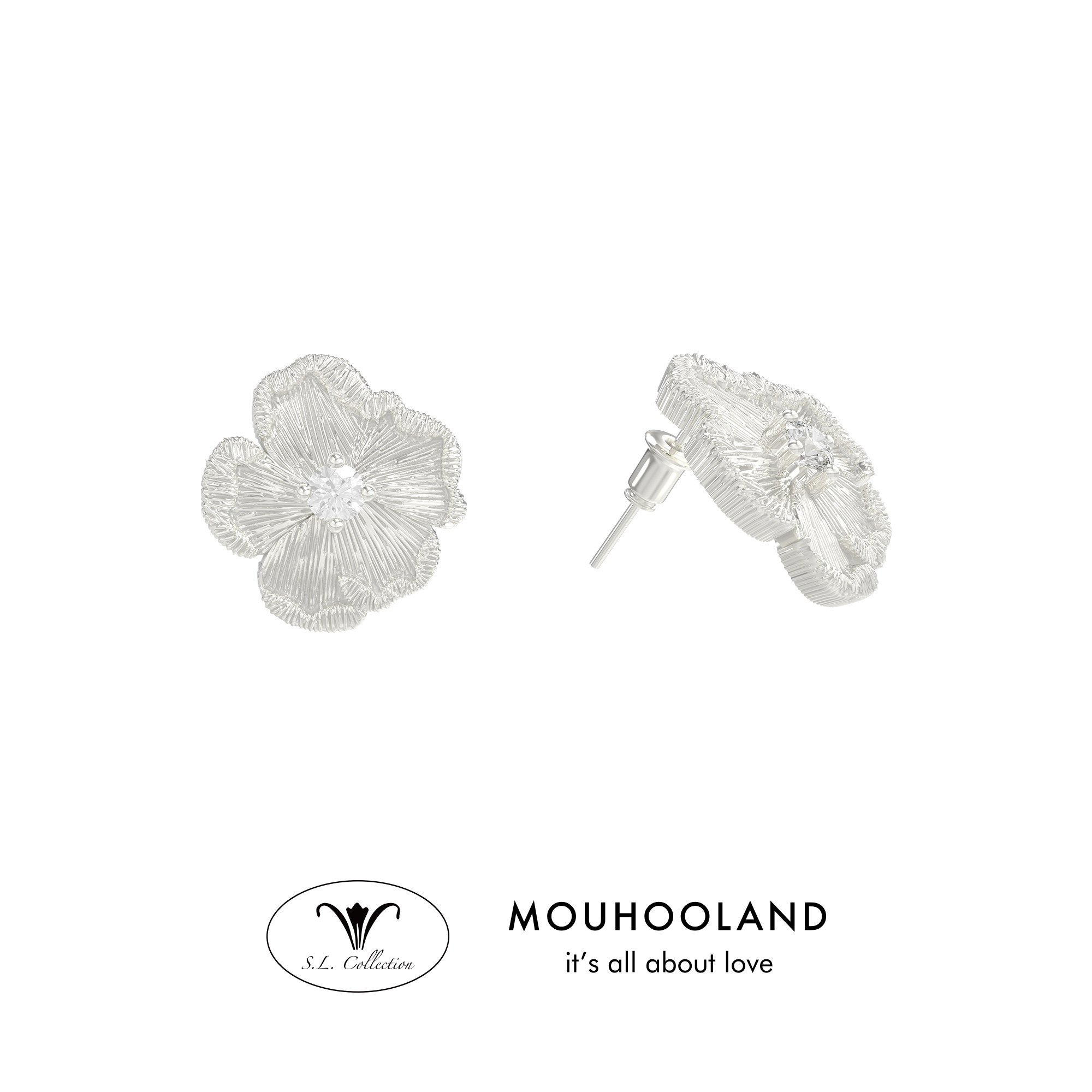 Mouhooland/暮后之地银标限定朱槿花刺绣小花耳钉925银镶培育钻石