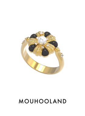 Mouhooland/暮后之地杏花系列黑玛瑙杏花编织戒指小众设计金色