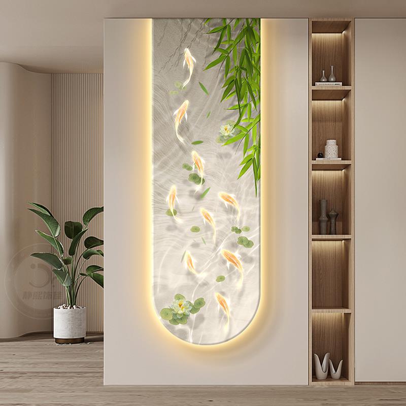 奶油风九鱼图玄关装饰画竹子走廊过道挂画竹报平安细长条带灯壁画