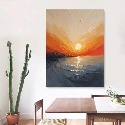 纯手绘油画大幅日出客厅装饰画立体肌理玄关挂画抽象海景民宿壁画