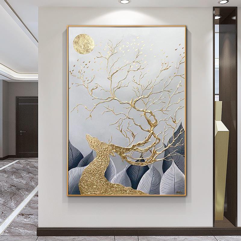 微喷晶瓷美式玄关画轻奢高档客厅装饰画现代简约入户过道壁画福鹿图片