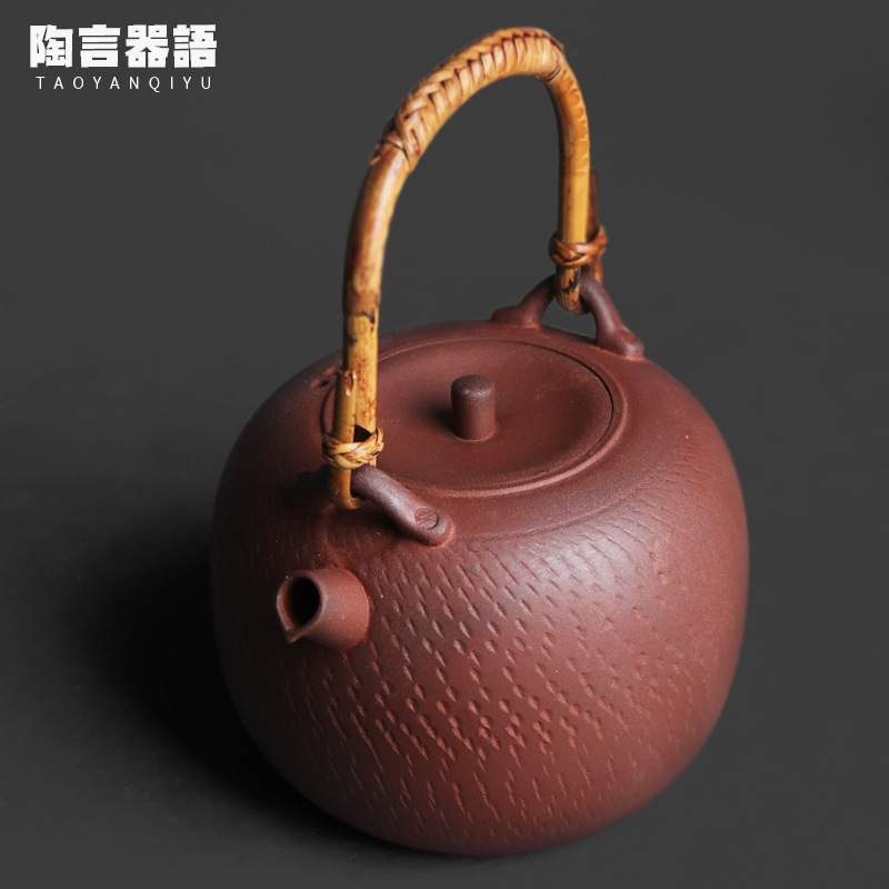 复古粗陶老岩泥圆融提梁煮茶壶老竹藤手把围炉炭火电陶炉烧水单壶