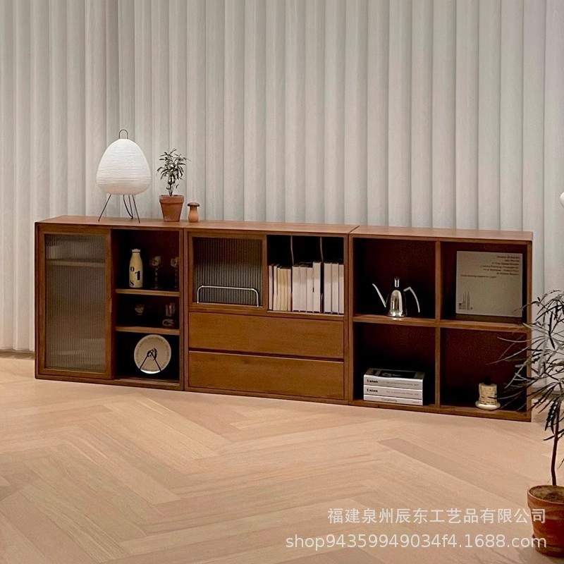 组合书柜实木北欧储物柜客厅展示柜落地收纳柜沙发边柜复古杂志柜