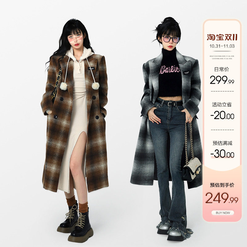 芭比姨 复古格子大衣p女秋冬夹棉中长款小个子韩系赫本风毛呢外套