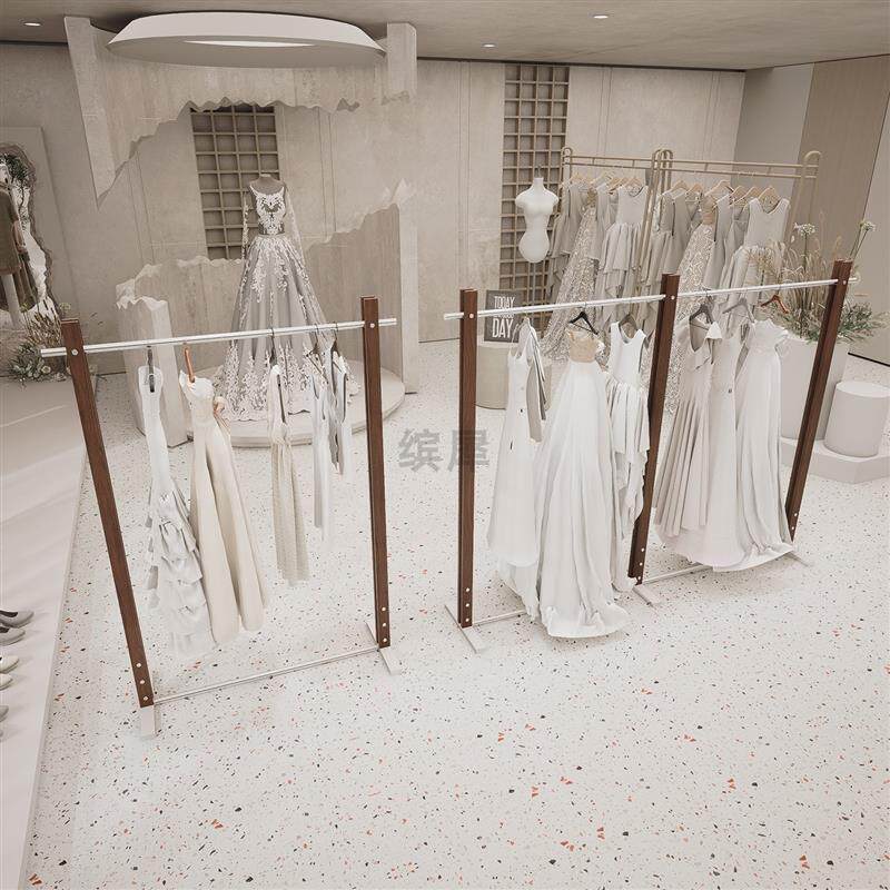高档婚纱展示架礼服陈列货架不锈钢胡桃木挂衣杆汉服秀禾头纱架子