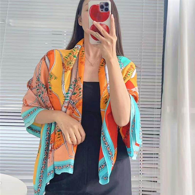橘色骏马薄款丝巾女桑蚕丝真丝人字纹大方巾高档围巾空调披肩纱巾