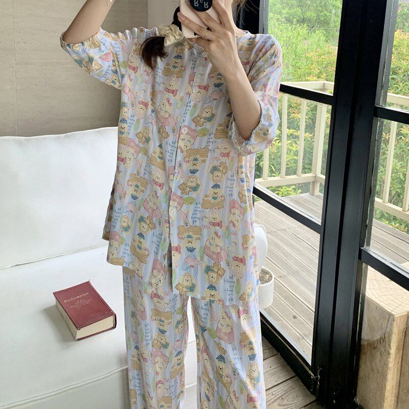 棉绸睡衣女春夏短袖长裤绵绸家居服中袖人造棉套装大码小个子可爱