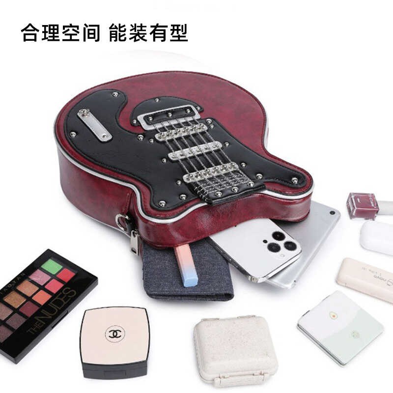 电吉他斜跨包简约乐器造型个性绣花黑色创意文艺范单肩包音乐礼物