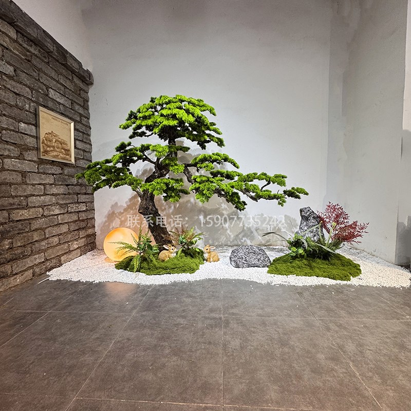 仿真迎客松假树罗汉松新中式室内楼梯下景观落地绿植盆景造景装