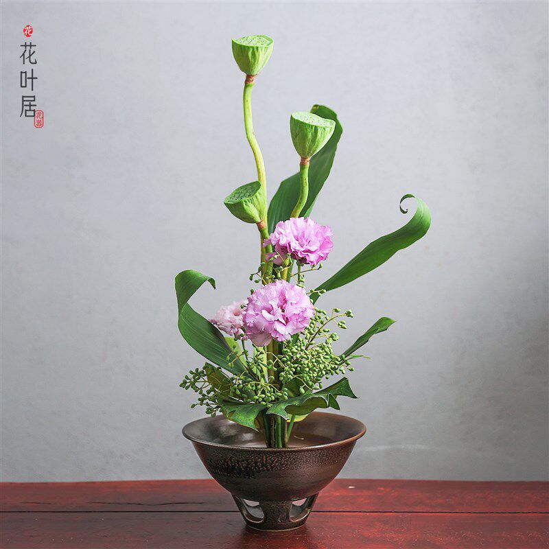 陶瓷中式仿柴烧梅花碗插花花盆大花器水培摆件客厅桌面装饰花瓶