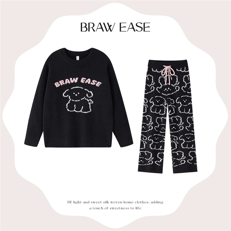 半边绒睡衣秋冬款女冬季珊瑚绒冬天家居服黑色居家服加绒2024新款