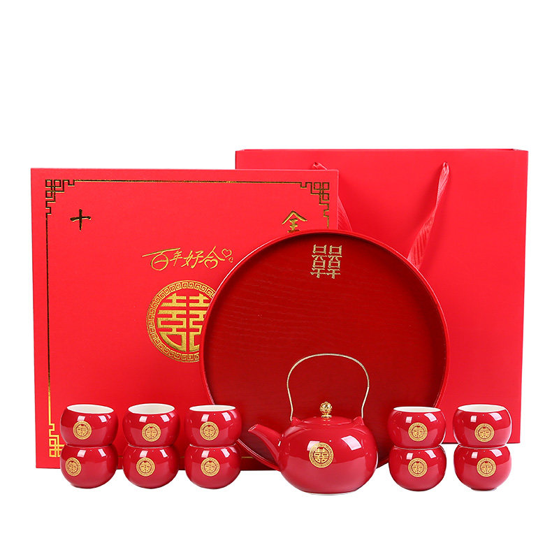 中式敬茶杯组婚礼改口茶具订婚红色新娘陪嫁瓷坊喜事茶壶套装