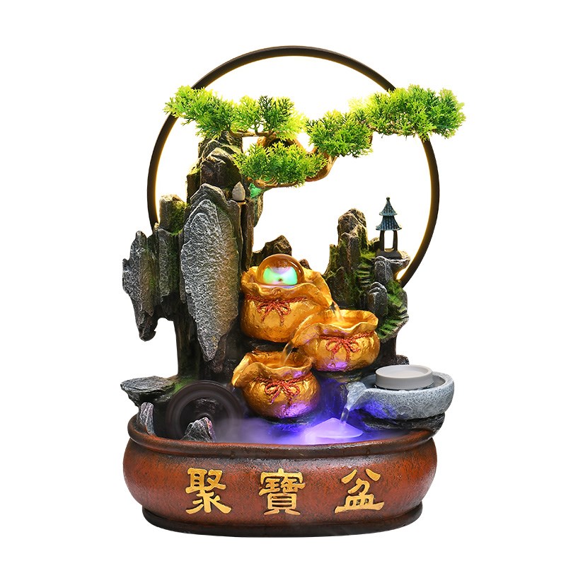 招财聚宝盆流水摆件客厅办公室桌面假山摆件风水轮景乔迁开业礼物