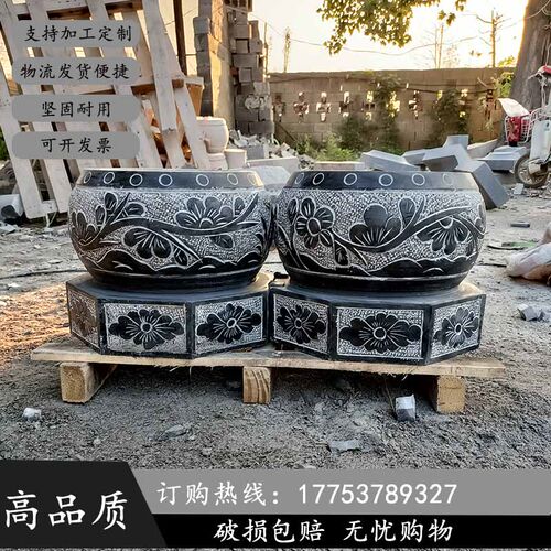 中式圆柱底座柱墩石加工定制石雕青石柱脚装饰石墩空心包木柱底座
