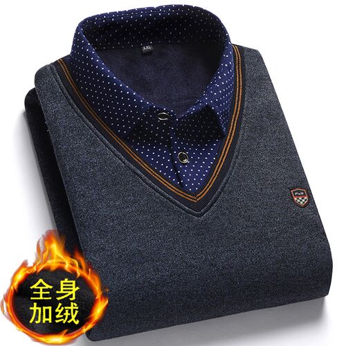 中老年发热发热衣男士加绒加厚中年翻领爸爸装单件上衣冬季秋衣