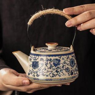 青花米黄汝窑提梁茶壶高档家用单个泡茶器复古满花珐琅彩功夫茶具