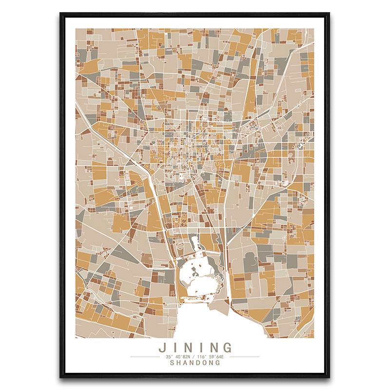 山东济宁城市地图挂画彩色色块简欧客厅背景装饰画玄关创意艺术画图片
