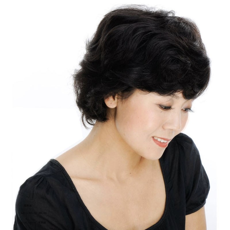 中老年女士假发短发短卷发送妈妈真发圆脸全头套白发光头可戴R06
