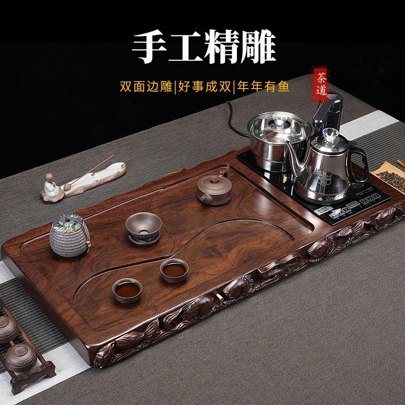 高档进口非洲原木黑檀木茶盘整块实木加厚手工雕刻茶海功夫茶具