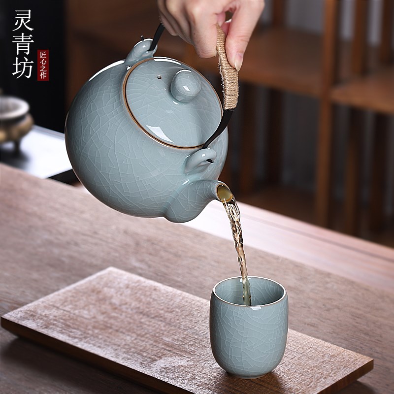 青瓷大容量茶具套装家用陶瓷整套大号泡茶壶茶杯提梁壶复古冰裂纹