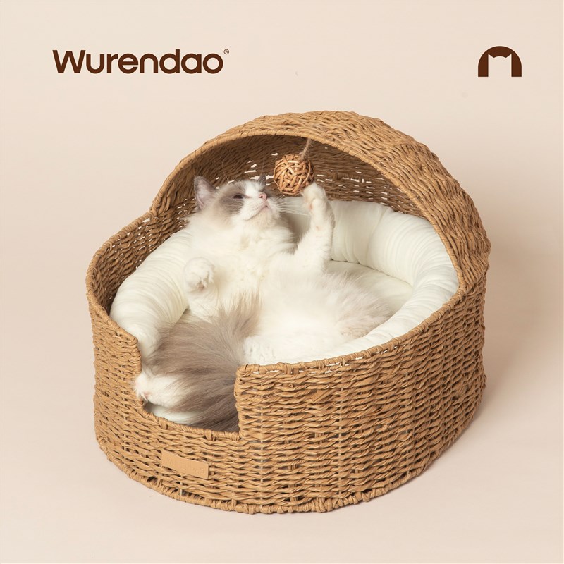 无人岛猫窝冬季加厚保暖宠物猫窝半封闭式藤编猫窝纯色款四季通用