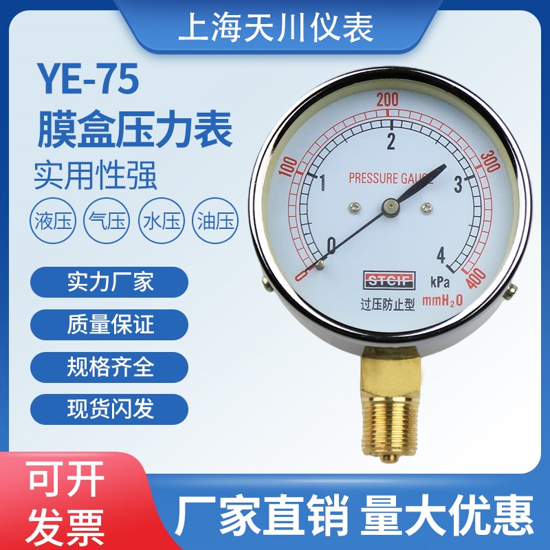 天川仪表YE-75膜盒压力表过压防止型燃气正负压真空液压气压微压
