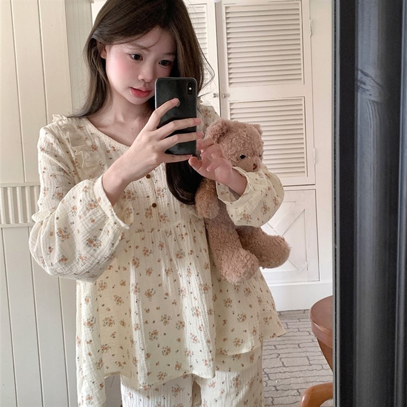 韩系甜美碎花婴儿棉纱睡衣女春秋季公主风蕾丝V领棉麻家居服套装