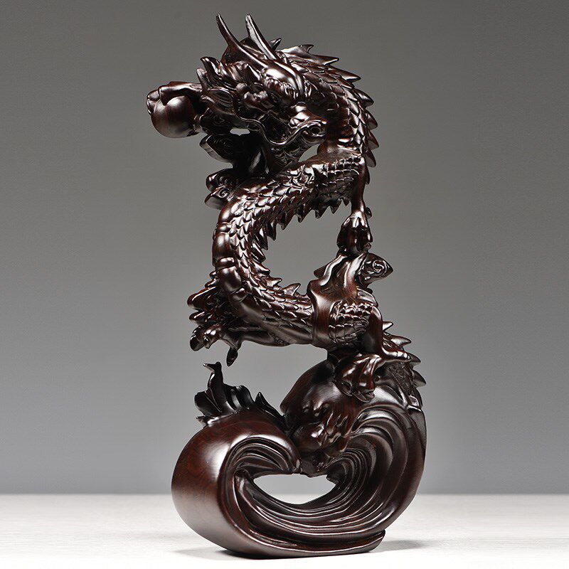 纯木龙摆件黑檀木质盘龙吉祥物青龙年生肖实木雕刻木头补角工艺品