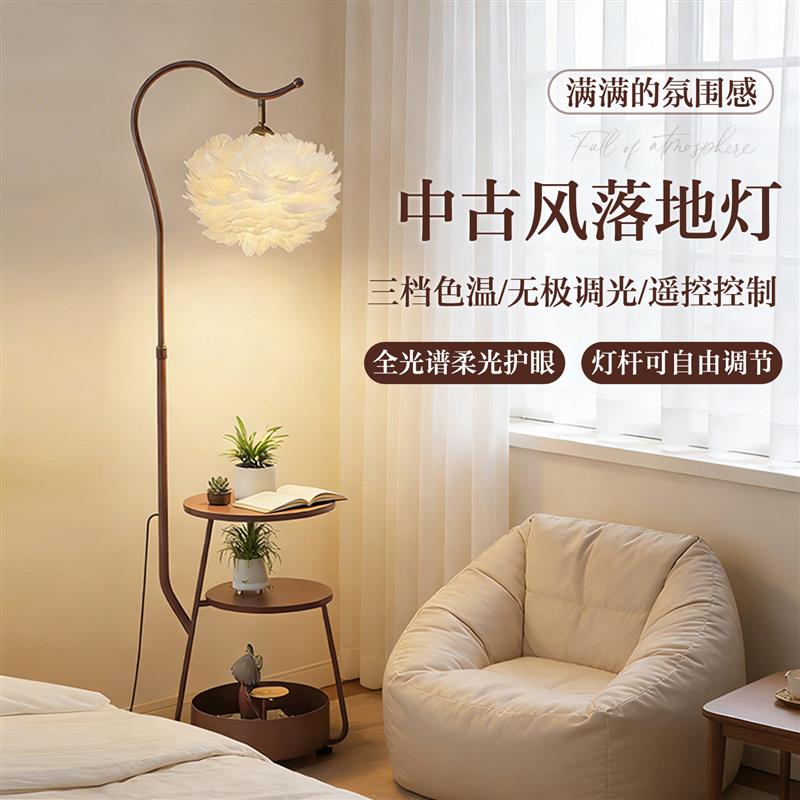 羽毛落地灯简约现代北欧客厅沙发旁卧室床头灯网红置物架立式台灯