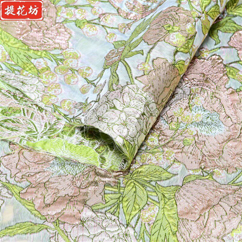 中国风宫廷复古金丝花鸟提花欧根纱料金丝汉服华丽连衣裙礼服面料