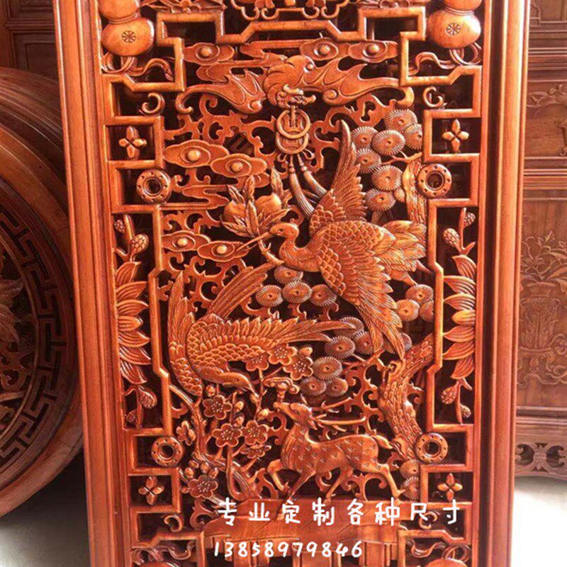 香樟实木雕挂件客厅镂空装饰壁画屏风玄关隔断中式手工刻花格仿古