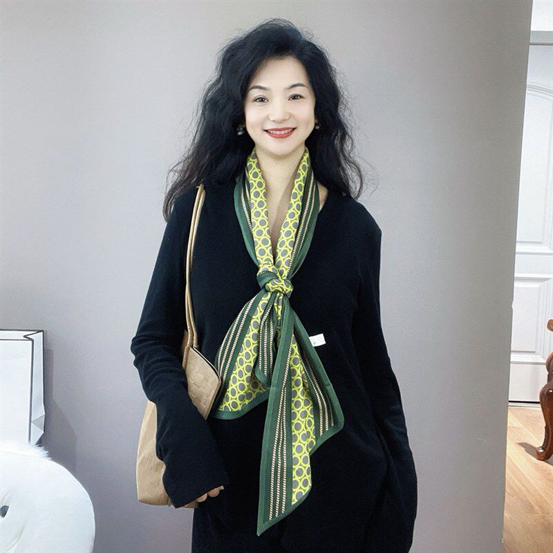 与众不同!绿色斜纹棉麻围巾女春秋薄款飘带细窄长条丝巾领巾围脖