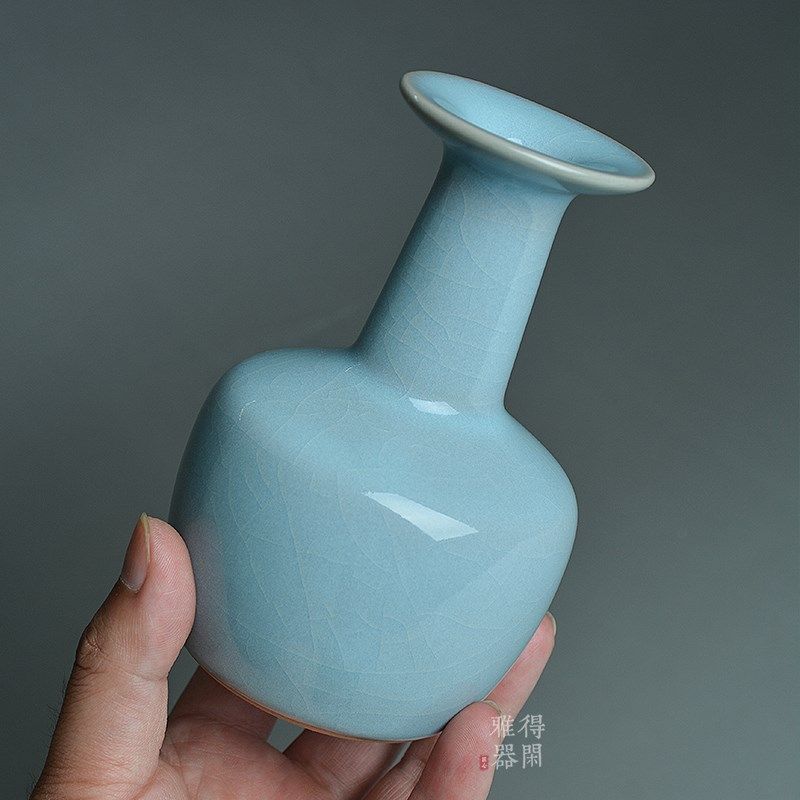 得闲雅器汝瓷天青仿古纸槌瓶宫廷汝窑茶道摆件小号花插花瓶茶台花