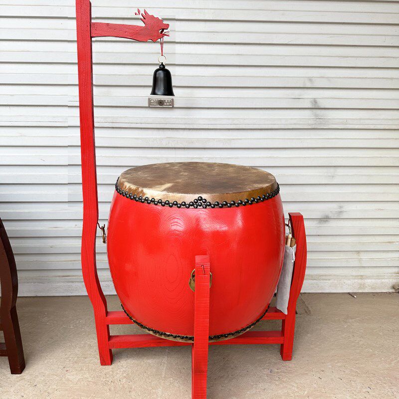 椿木黄牛皮铃钟鼓道场寺庙用鼓法器带帝钟实木鼓架诵经鼓佛具用品