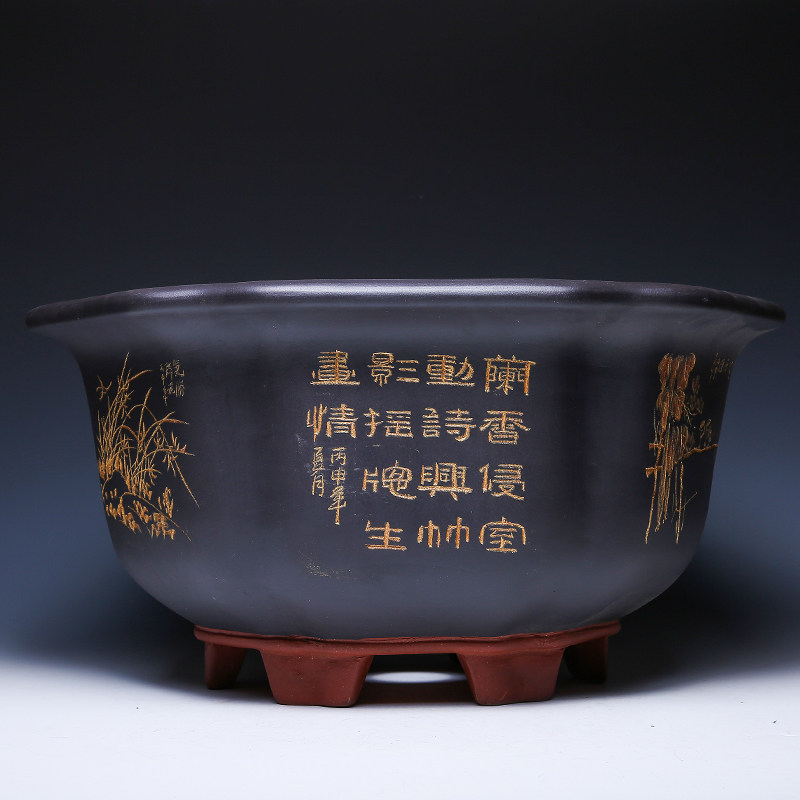 宜兴紫砂花盆陶瓷大号六角室内特大号客厅金弹子紫砂盆景盆精品
