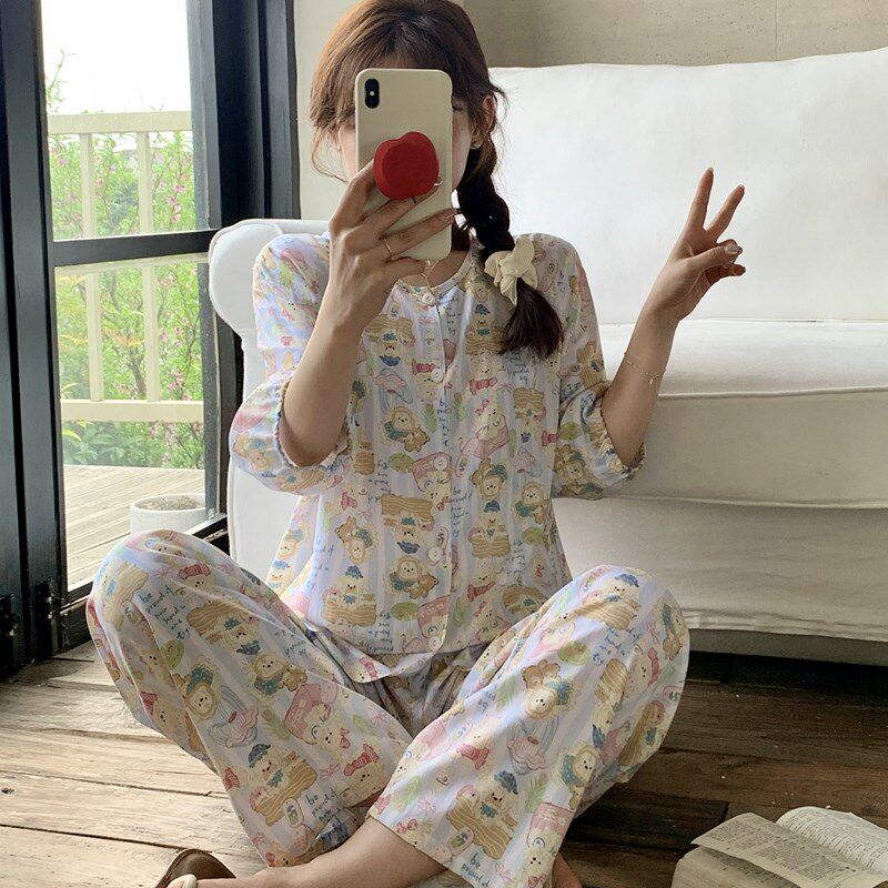棉绸睡衣女春夏短袖长裤绵绸家居服中袖人造棉套装大码小个子可爱