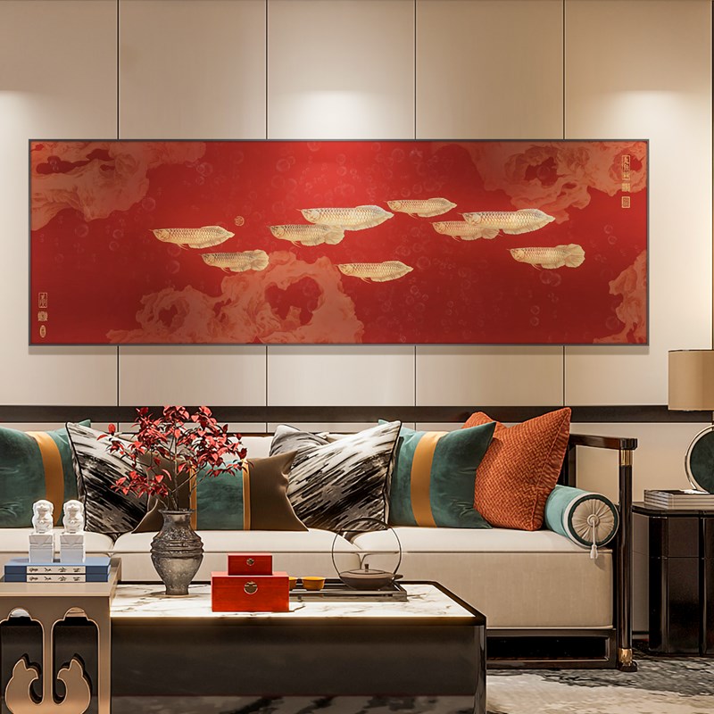 新中式客厅九鱼图金属挂画铂金工艺微浮雕沙发背景墙高端装饰画